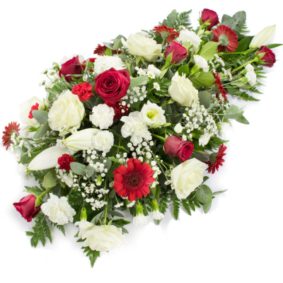 Single Ended Spray SYM-301 - This red and white single ended spray is handmade by our talented florists using the freshest flowers to guarantee a loving tribute. Same day delivery may not be possible on this design – please contact us to discuss your requirements.