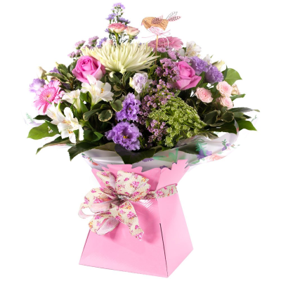 Sugar Rush - This gorgeous hand-tied bouquet of sweet pastel shades is sure to bring joy and delight. Crammed with beautiful flowers guaranteed to put a boost into any occasion.
